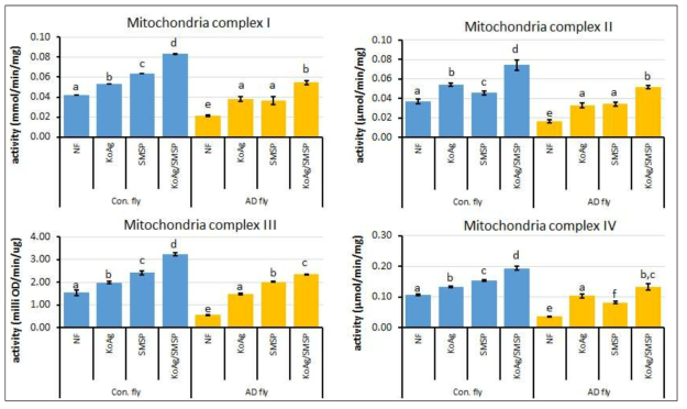 대조군과 AD모델 초파리들의 배지의 종류에 따른 마이토콘드리아 콤플렉스 1~4의 활성변화 연구결과