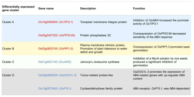고품 (Gopum), 조운 (Jowoon) 배아 (Embryo) transcriptome 비교 각 유전자 cluster들에 포함된 현재까지 알려진 종자 휴면 및 발아 관련 유전자 이름과 기능. 붉은색 유전자: 종자 발아 관련 유전자; 파란색 유전자: 종자 휴면 관련 유전자