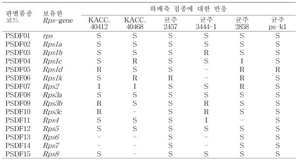 콩 역병 균주별 15개 판별품종의 반응 (병원형 검정)