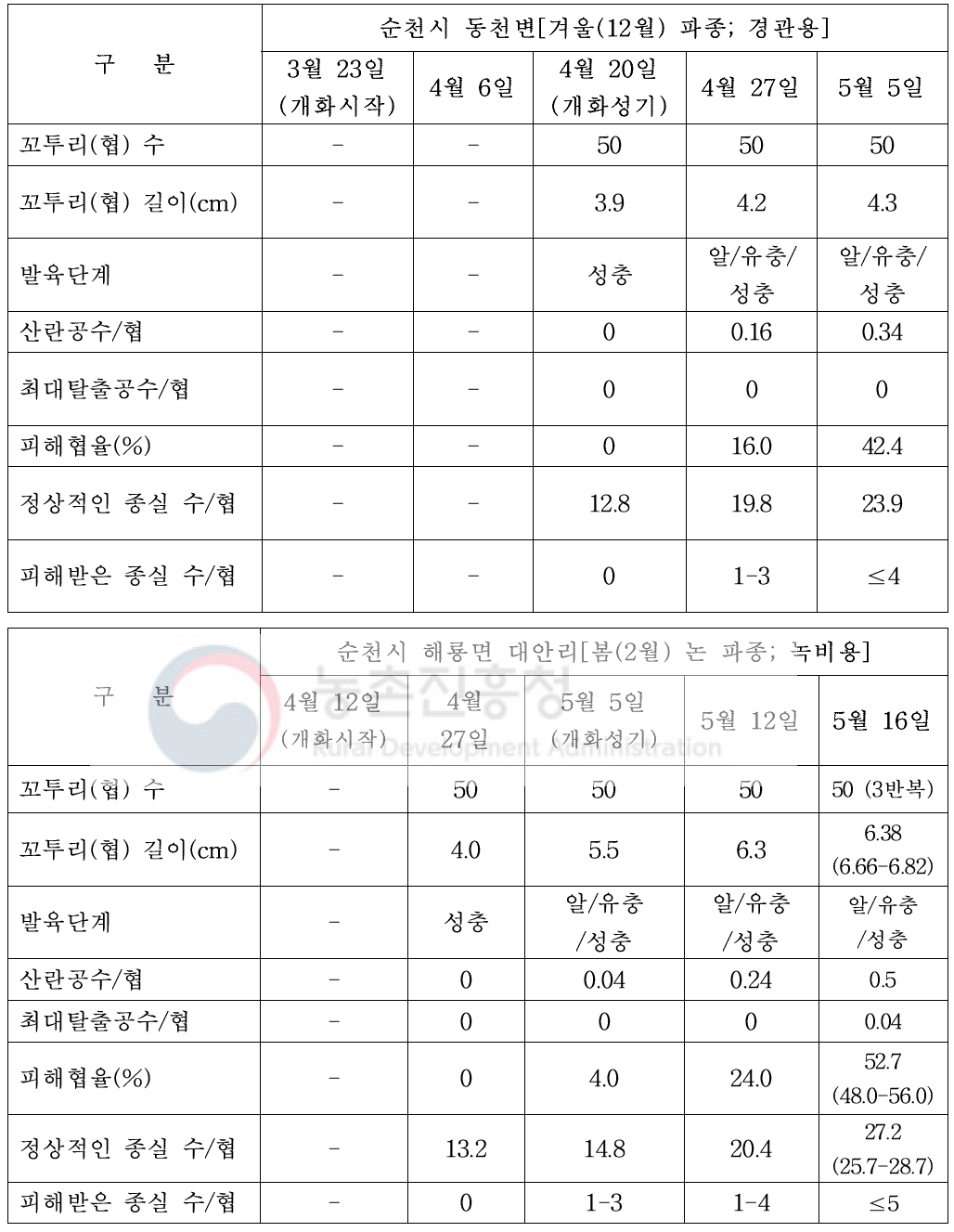 겨울 파종 및 봄 파종 유채에서 유럽좁쌀바구미에 의한 꼬투리 피해상황