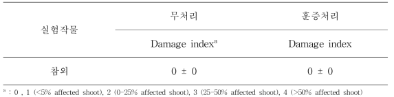 훈증 7일 후 참외에 나타나는 약해 여부 (19~26℃, n=3)