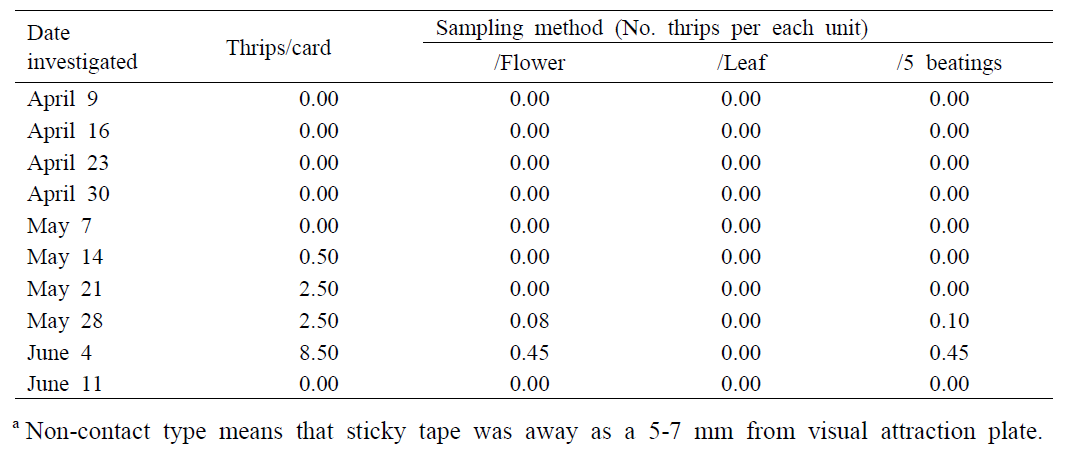 Mean numbers of thrips species caught on yellow sticky cards (non-contact typea) and found on strawberry plants in farm 3, 2019