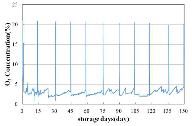 겨울배추 150일 저장 중 산소농도 변화
