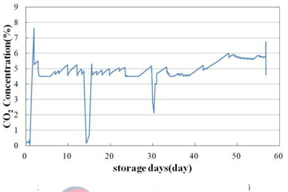 여름배추와 여름무 60일 저장 중 이산화탄소 농도 변화