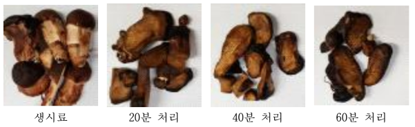 참송이 덖음처리 시간별 갈변상태