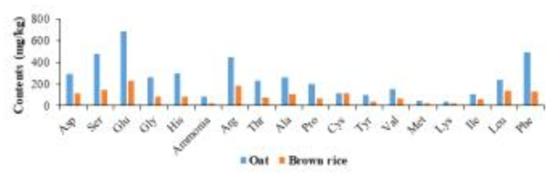 귀리 및 현미 로스팅 시료의 아미노산 성분 함량비교