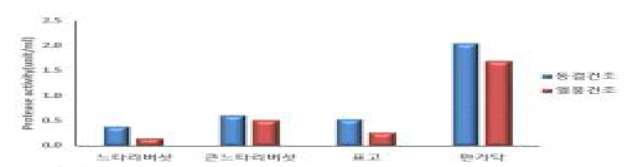 건조방법별 버섯의 단백질분해효소활성