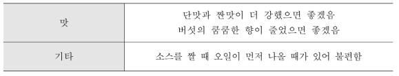 버섯소스 관련 기타의견 및 보완점