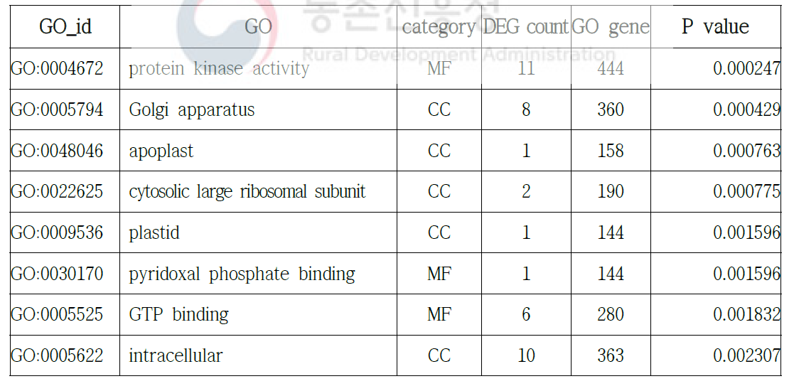 뿌리특이 발현 유전자 1,201개 유전자 중 상위 8개의 GO 분석 결과