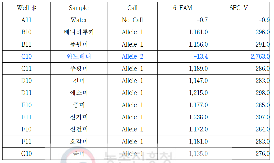 안노베니-01 프라이머를 이용한 11개 고구마 품종의 RT-PCR 결과