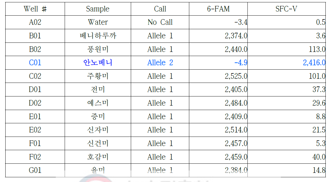 안노베니-05 프라이머를 이용한 11개 고구마 품종의 RT-PCR 결과