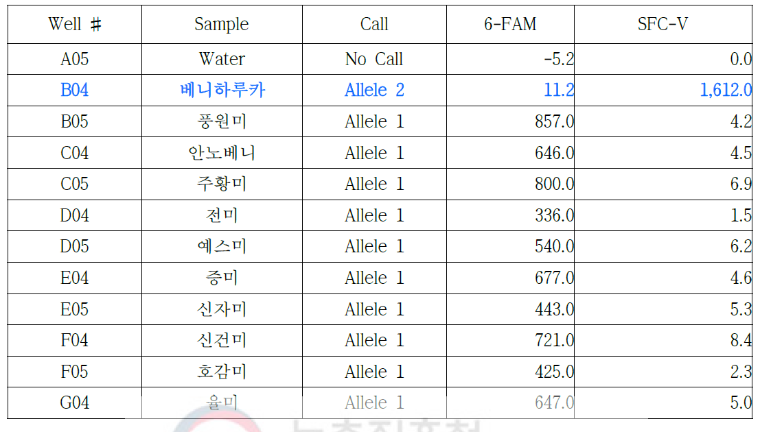 베니하루카-05 프라이머를 이용한 11개 고구마 품종의 RT-PCR 결과