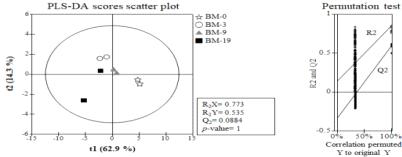 Partial least squares discriminant analysis (PLS-DA) score plot derived from GC/MS data of Blackbarley-Makgeolli . The PLS-DA model was validated by permutation test with 200 random permutations