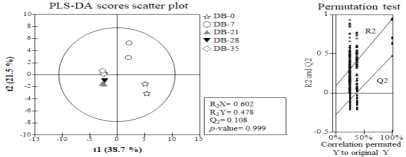 Partial least squares discriminant analysis (PLS-DA) score plot derived from GC/MS data of Daemaek vinegar. The PLS-DA model was validated by permutation test with 200 random permutations