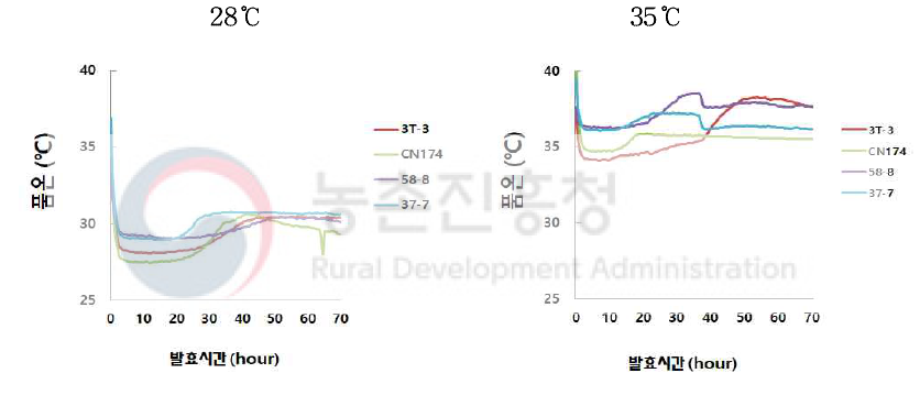 발효조건에 따른 단일종균 쌀누룩의 품온 변화 Symbols: R, Aspergillus sp. 3T-3; G, Rhi. oryzae CN174; VP, Rhi. delemar 58-8; SB, A. oryzae 37-7