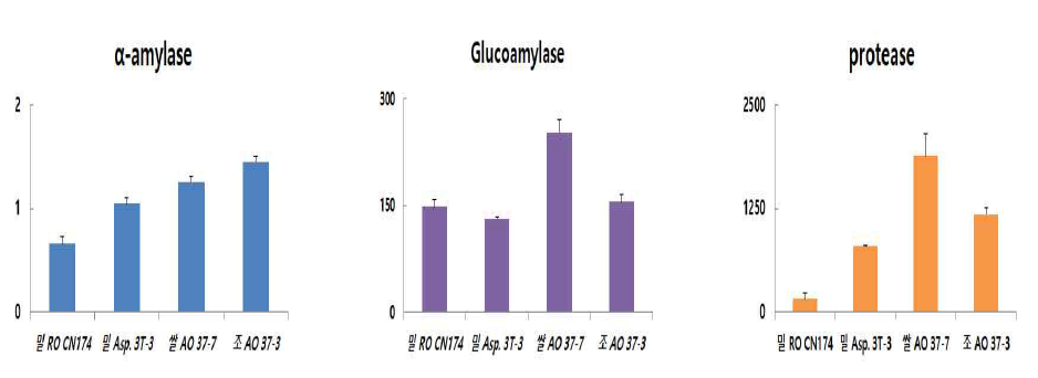 온도조건에 따른 단일종균 누룩의 효소활성 Symbols : 1, 밀 Rhizopus oryzae CN174(28℃) 2, 밀 Aspergillus sp.; 3T-3(35℃) 3, 쌀 Aspergillus oryzae 37-7; 35℃ 4, 조 Aspergillus oryzae 37-7; 35℃. Data values were expressed as mean ± SD of triplicate determinations