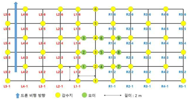 Layout of water-sensitive papers and cucumber seedlings to investigate the coverage of fluopyram´s droplet and the disease control effect on Botrytis cinerea on cucumber