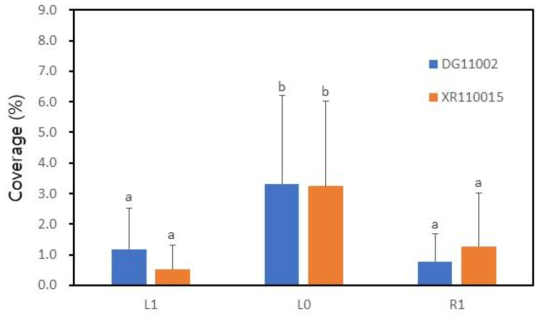 The effect of each kind of nozzle on the coverage of the water-sensitive paper. L0; It is the center of the experimental zone, just below the drone flight trajectory. L1; 2 m to the left from the center of the experimental zone. R1; 2 m to the right from the center of the experimental zone