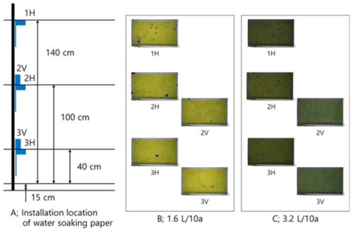 Arrangement of water-sensitive papers and the pictures of water-sensitive papers in which the fungicide droplets have fallen. The mixture of pyraclostrobin and tebuconazole was used in this experiment