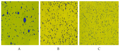 Comparison of falling particle on WSP of three nozzle (A: DG, B: XR, C: TP)