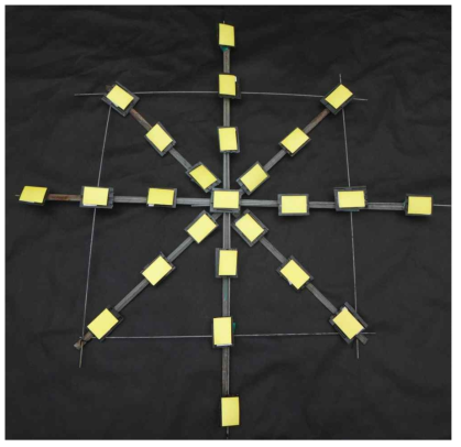 Placement of paper in order to investigate the falling and dispersing of particles of fungicide solution in the greenhouse