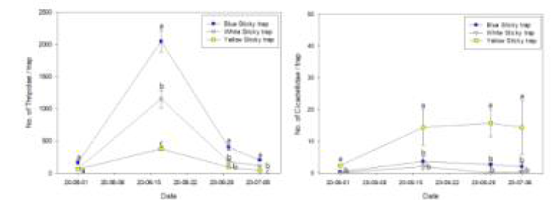 총채벌레류와 매미충류는 점착트랩 설치 시기별 유인트랩 색상에 따른 유인