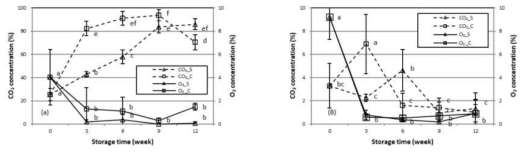 포기김치 포장 상부의 산소와 이산화탄소 기체조성(a) 및 백김치 포장의 기체조성(b). (−2.5°C, 과냉각; 1°C, 대조구)