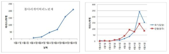 톱다리개미허리노린재 발생추이 (2018(좌)-2019(우))