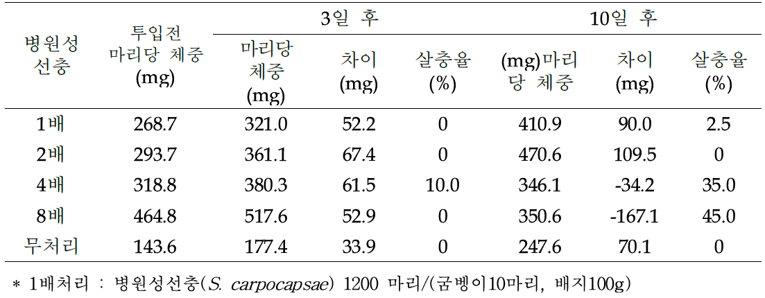 굼벵이(흰점박이꽃무지)에 대한 병원성선충 살충력 및 생육억제 효과(실내검정)