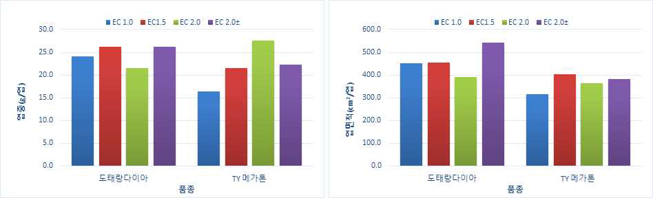 급액 EC 처리에 따른 엽중과 엽면적