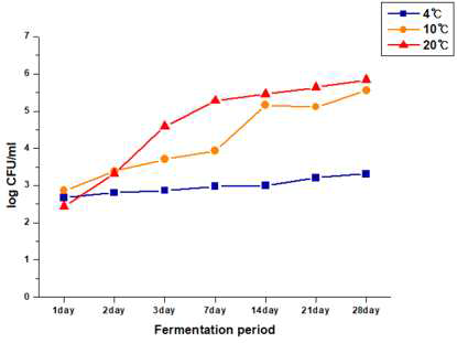 Yeast count of strawberry fermentation liquid according to temperature and storage period