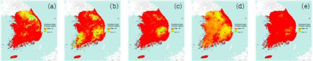 CLIMEX 기반 꽃매미의 2020~2100년 잠재적 분포 (Jung et al., Journal of Asia-Pacific Biodiversity, 2017a)