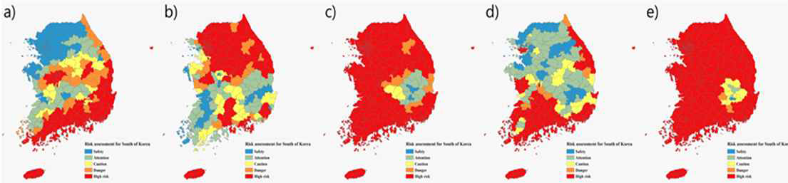 RCP 8.5 시나리오를 적용한 흰줄숲모기와 이집트숲모기의 국내 위험지역 평가지도 (Jung et al., Journal of Biosystems Engineering, 2017c)