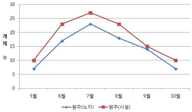 조사지별(강원) 블루베리혹파리 발생 개체수