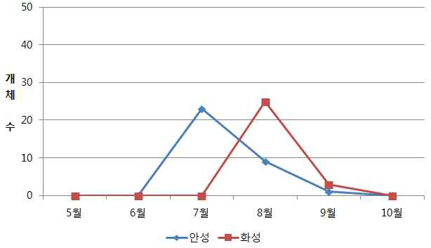 조사지별(경기) 블루베리혹파리 발생 개체수