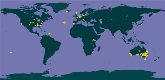 Worldwide distribution of P. operculella (GBIF)