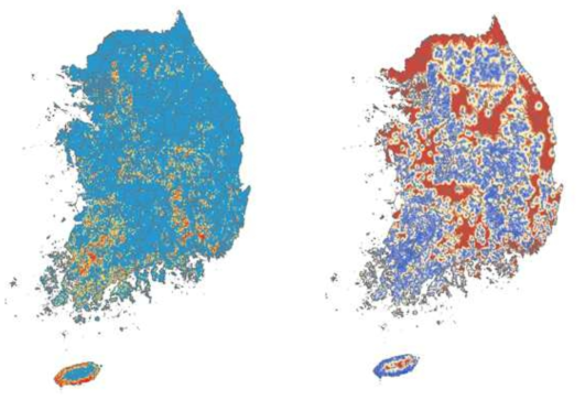 국내 시설재배지(좌, 빨강부분)의 1km 이내 지역과 블루베리혹파리의 기후 적합성 감소 (우, 감소는 빨강; 유지는 파랑)