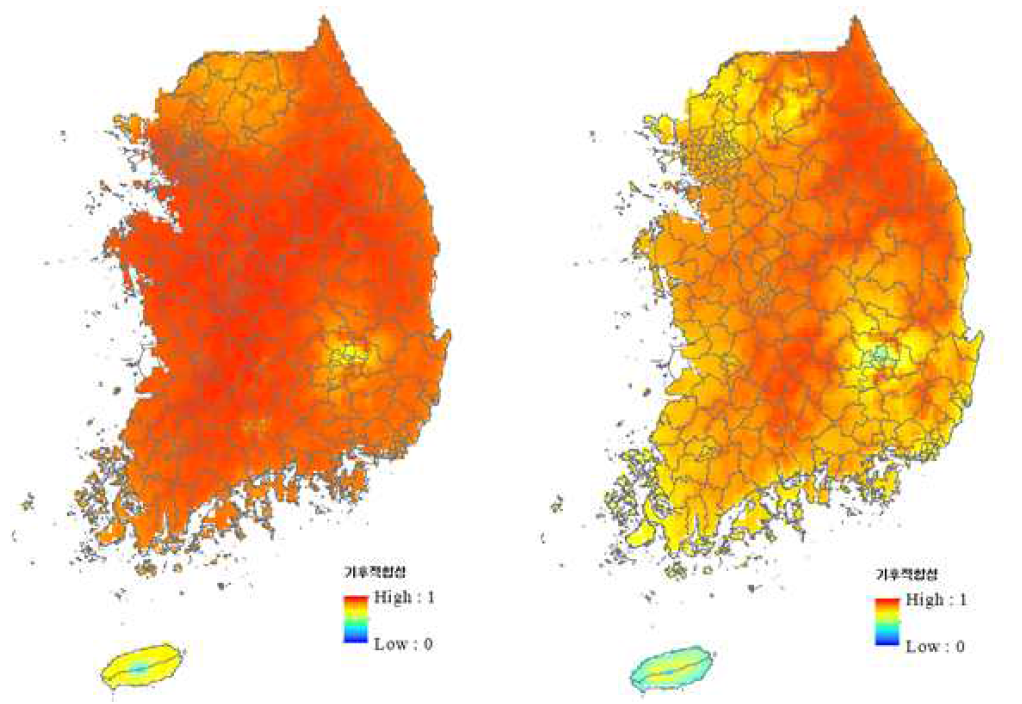 MaxEnt를 활용한 블루베리혹파리의 국내 잠재적 분포예측 (좌 : 현재기후, 우: 미래기후)