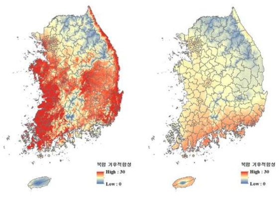 MaxEnt와 CLIMEX를 활용한 감자뿔나방(좌) 및 블루베리혹파리(우)의 복합 기후적합성