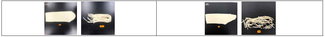 효소 처리 멥쌀가루(EM_RF), 구연산 처리 에스테르화 멥쌀가루(ERCA)를 15% 첨가하여 제조한 국수 반죽과 면의 모습. (A) 15% EM_RF 첨가 국수, (B) 15% ERCA 첨가 국수
