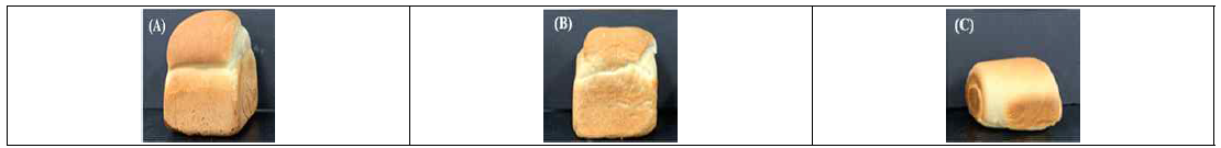 구연산 처리 에스테르화 멥쌀가루(ERCA) 첨가 식빵 외형. (A) 일반 식빵, (B) 저열량 식빵, (C) ERCA-10 식빵