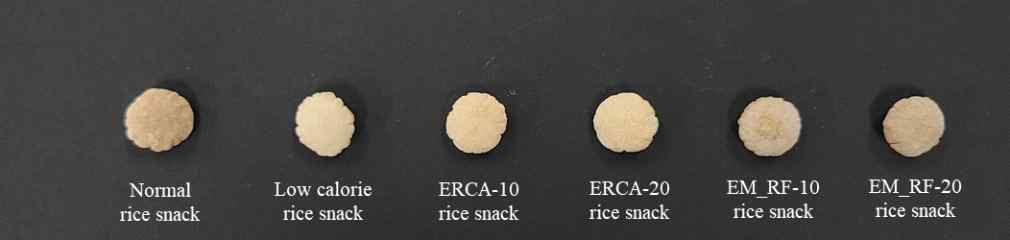 구연산 처리 에스테르화 멥쌀가루(ERCA)와 효소 처리 멥쌀가루(EM_RF)를 첨가한 저열량 쌀과자의 외형