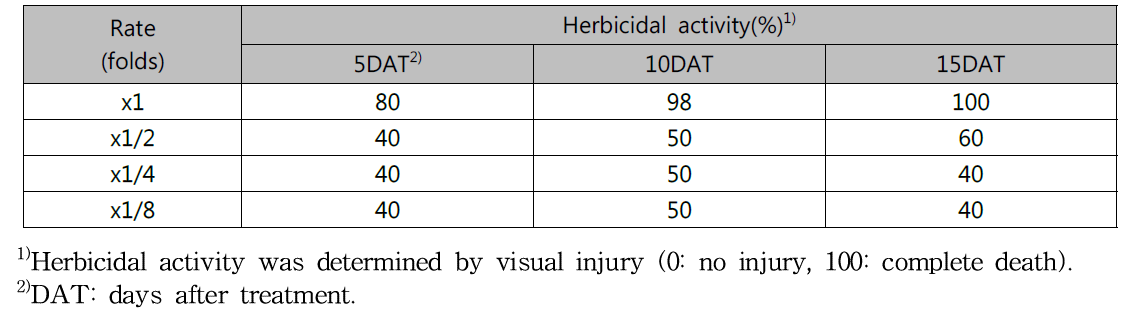 Herbicidal activity of N-29 culture broth filtrate to Solidago altissima with middle leaf stage in a greenhouse condition