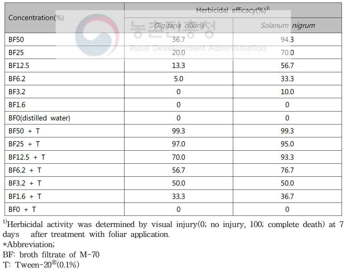 Herbicidal enhancement efficacy of M-70 culture broth filtrate by Tween-20Ⓡ addition to Digitaria ciliaris and Solanum nigrum in a greenhouse condition