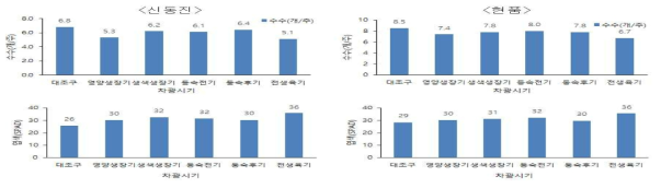 차광시기에 따른 신동진과 현품의 수수, 엽색 변화