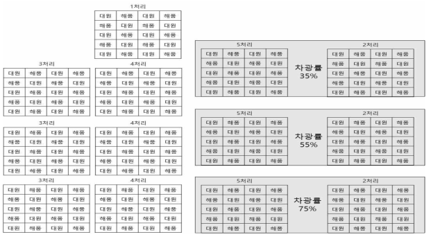 콩의 생육시기별 차광에 따른 시험구 배치도