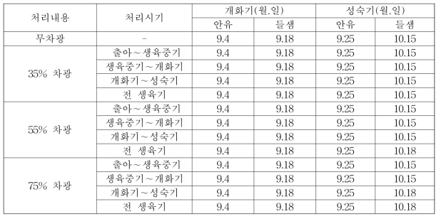 차광처리별 개화기 및 성숙기 비교