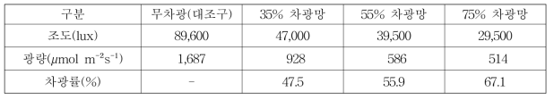 차광정도에 따른 차광망 내 광도 비교 * 조사시기 : 8월 21일(조도-11시, 광량-14시, 맑음)