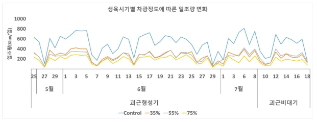 고구마 괴근 형성기 및 괴근비대기 기간 동안 차광률 별 1일 광량(2019)