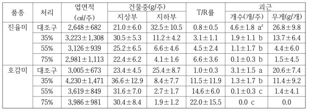 생육초기(정식∼50일)에 차광정도에 따른 생육 및 괴근(2018) * 조사시기 : 정식 후 50일, 조사주수 : 처리당 3주 3반복, * 괴근무게 ; 10g 이상, zDMRT 5%